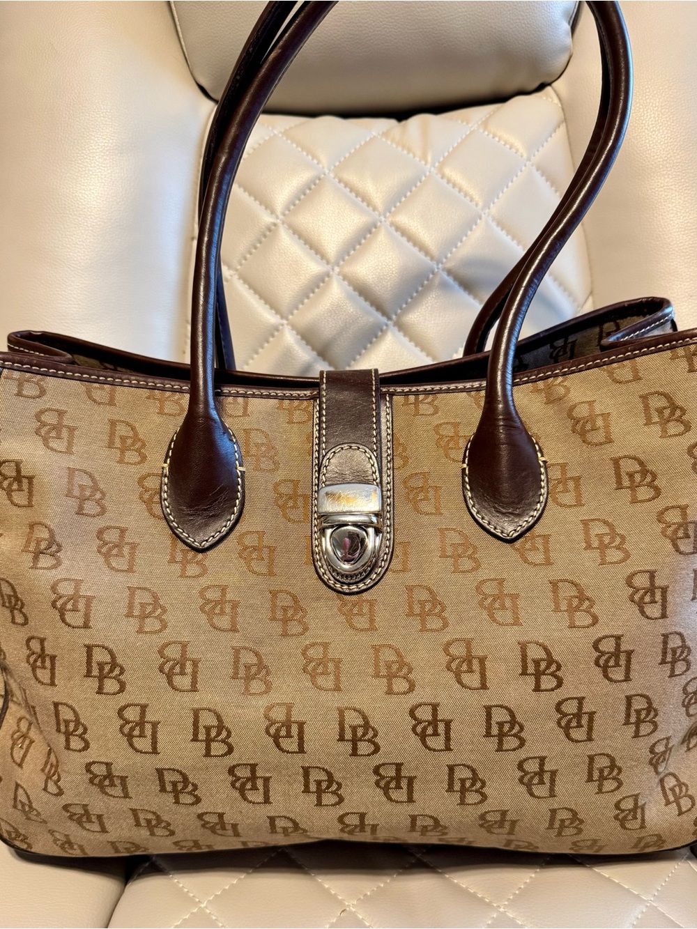 Dooney & Bourke Brown Monogram Satchel with Dark Brown Leather Handles